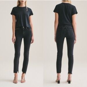 AGOLDE Toni Mid Rise Straight Jeans in Feral Black Distressed Raw Hem